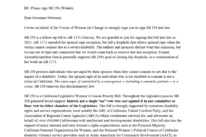 Voices of Women for Change letter to the Governor of California to close the spousal rape loophole